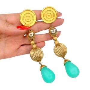 Marcy Feld Vintage Etruscan Statement Earrings Gold Aqua Lucite Drop Clip-On 80s